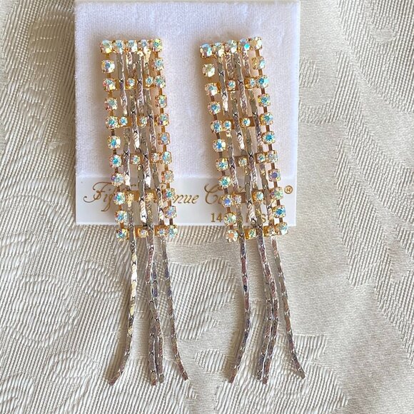 FAC Gold & Silver Tone Crystal Earrings 14K Gold Post - Picture 1 of 7